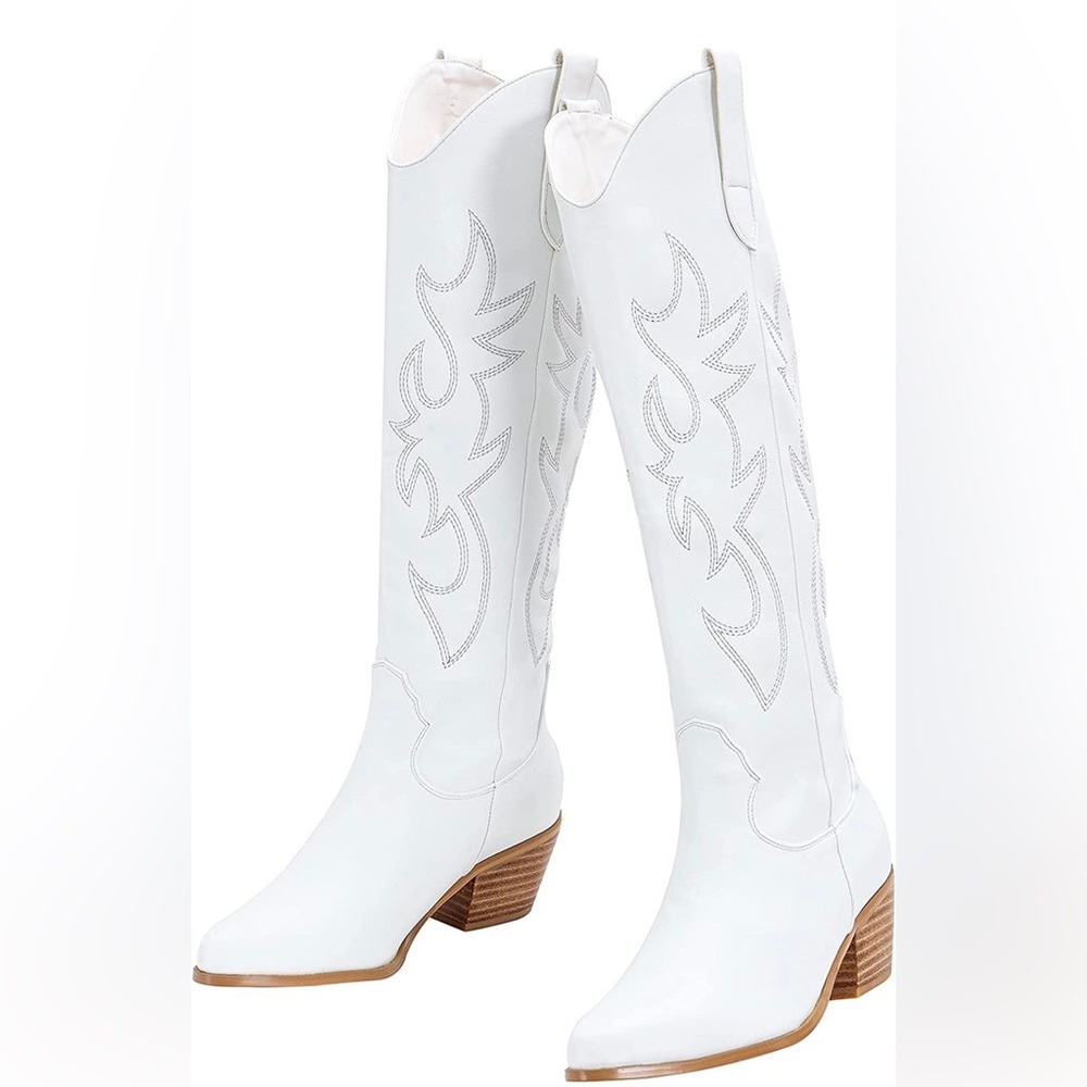 White knee high western cowboy boots